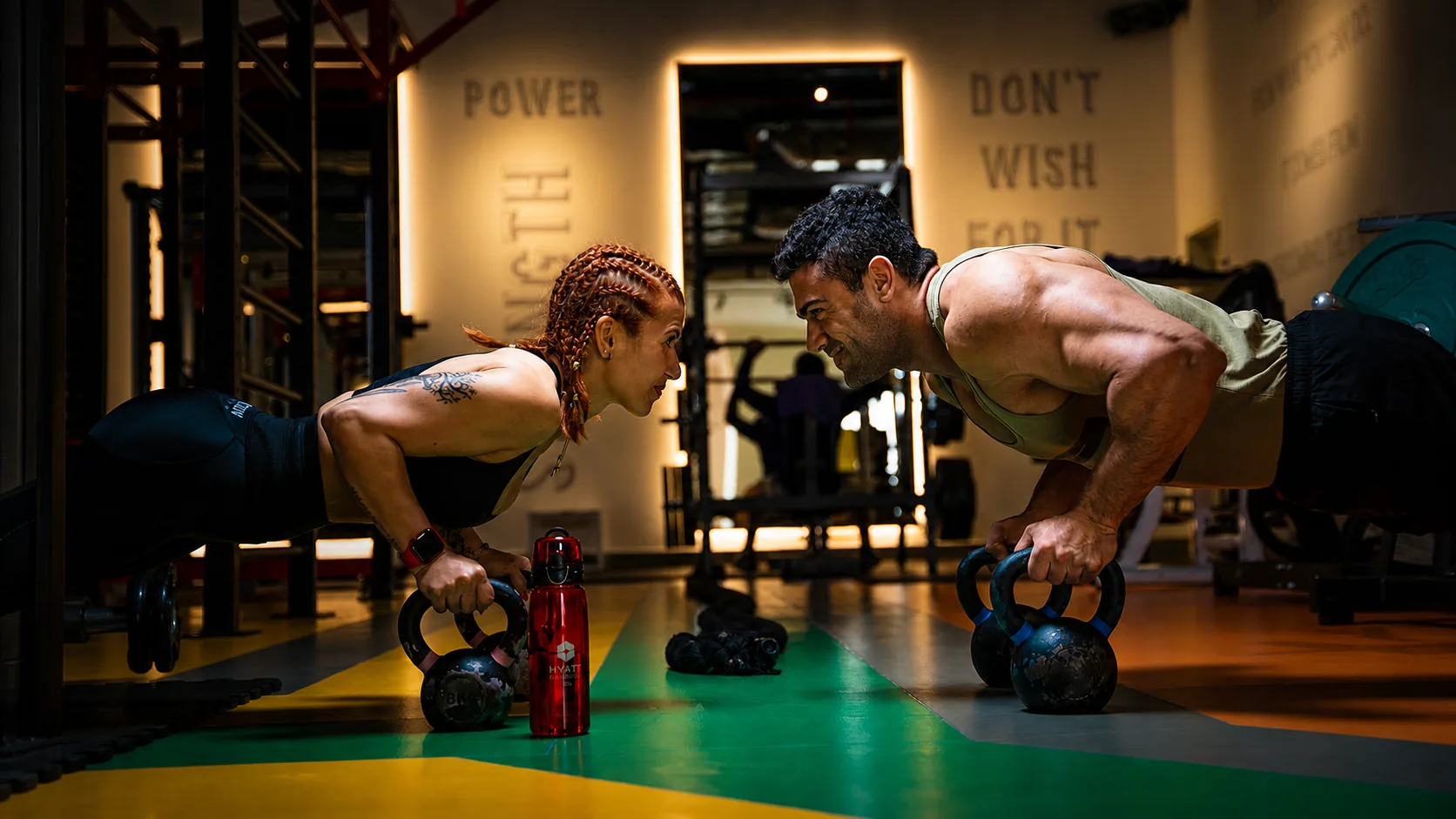 Two athletes training with kettlebells at 5T Fitness Complex in Douala